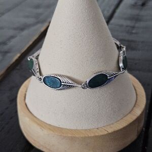 Lucky Brand Vintage Silver Blue Green Feather Charm Toggle Bracelet Y2K Jewelry